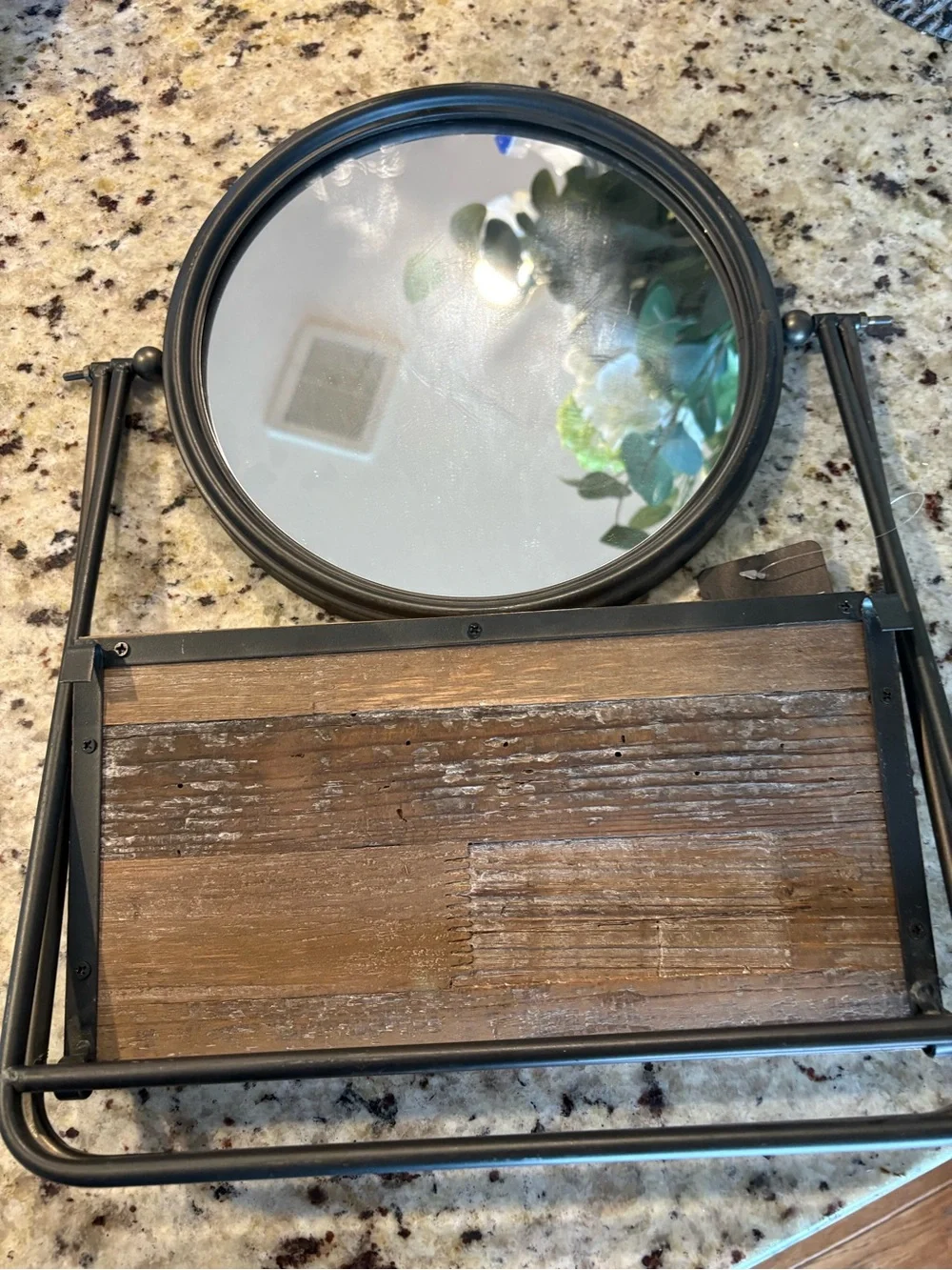 Round Black Vanity Mirror with Wooden Tray -